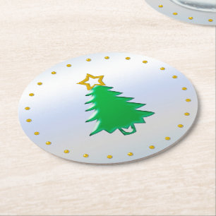 Holiday Tree with Gold Star on Silver Background Round Paper Coaster