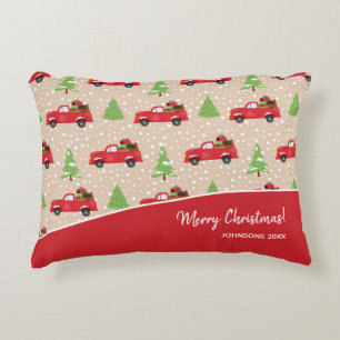 Holiday Tree with Vintage Truck Merry Christmas Decorative Cushion