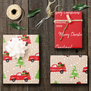 Holiday Tree with Vintage Truck Merry Christmas Wrapping Paper Sheet