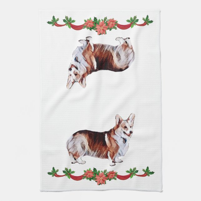 Holiday Tricolor Welsh Corgi Tea Towel (Vertical)
