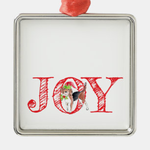 holiday typography JOY christmas dog festive Metal Ornament