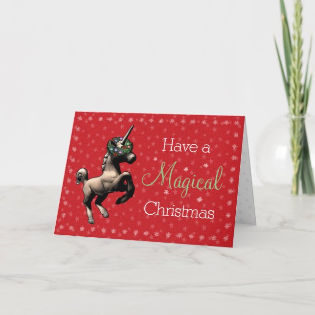 "Holiday Unicorn" Magical Christmas Card (Red) (Front)