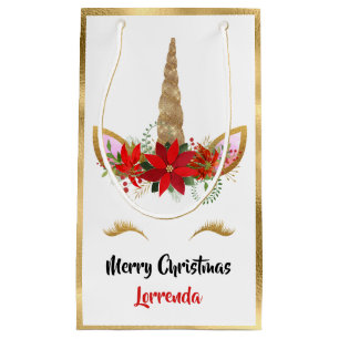 Holiday Unicorn Merry Christmas Name Gold Red Pink Small Gift Bag
