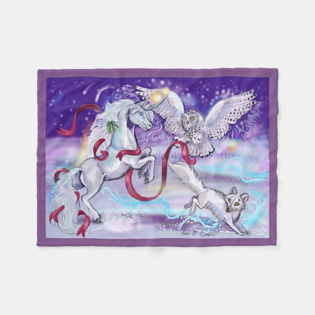 Holiday Unicorn Owl and Fox Fleece Blanket (Front (Horizontal))