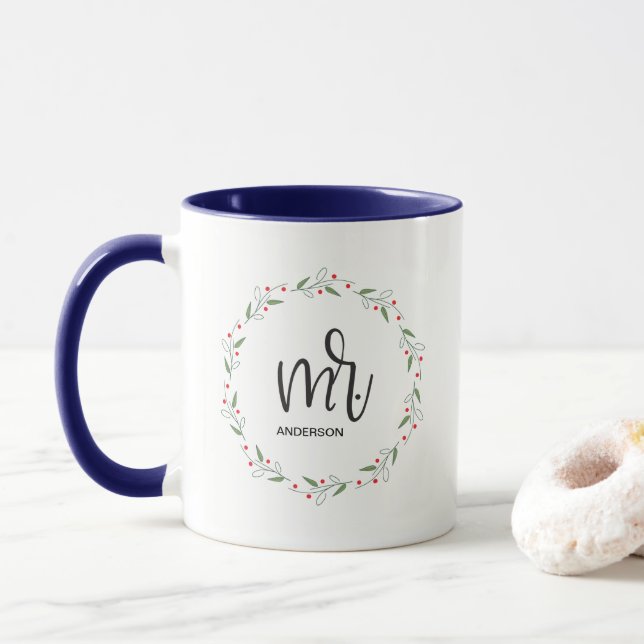 "Holiday Union: 'Mr.' Modern Wreath Two-Tone Mug" Mug (With Donut)