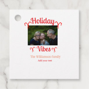 Holiday Vibes red family photo name candy Christma Favour Tags