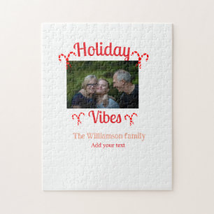 Holiday Vibes red family photo name candy Christma Jigsaw Puzzle
