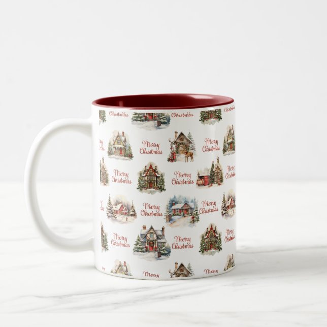Holiday Village Houses Merry Christmas Pattern Two-Tone Coffee Mug (Left)