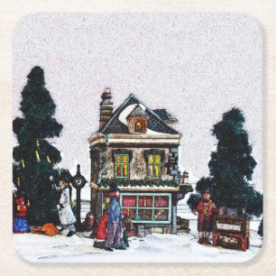 Holiday Village Scene Square Paper Coaster