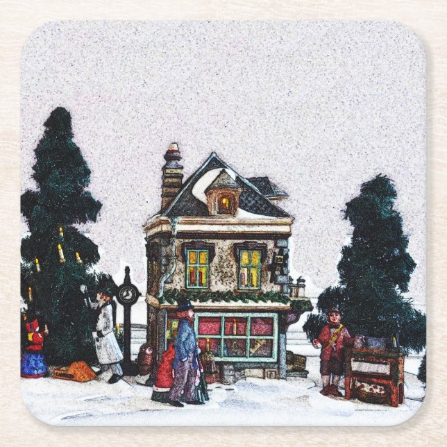 Holiday Village Scene  Square Paper Coaster (Front)