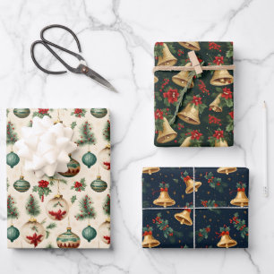 Holiday Vintage Christmas Bells & Decorations Wrapping Paper Sheet