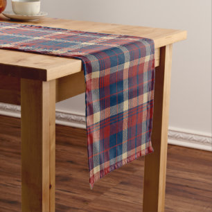 Holiday Vivid Red Deep Navy Plaid French Country Short Table Runner