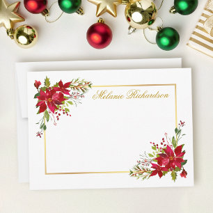 Holiday Watercolor Floral Red Poinsettia Gold Card