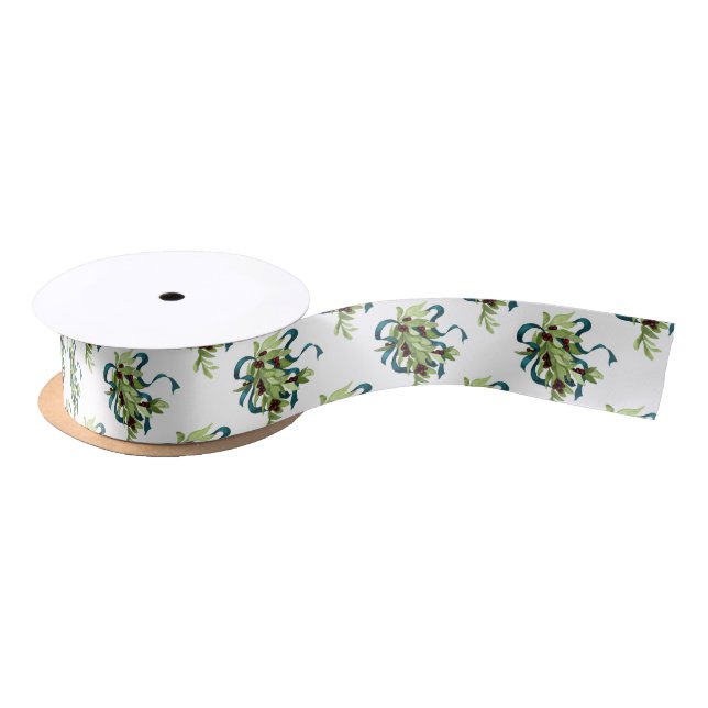 Holiday Watercolor Mistletoe Red Berries Teal Blue Satin Ribbon (Spool)