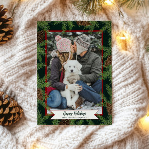 Holiday Watercolor Pine One Photo Portrait Card 