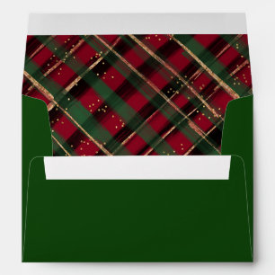 Holiday Watercolor Plaid Red Green Gold Lined  Envelope