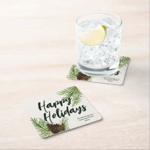 Holiday Watercolor Winter Pine Greenery Ivory Square Paper Coaster