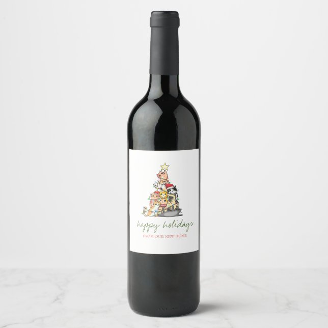 Holiday We Have Moved,Adorable Cats Pine Tree  Wine Label (Front)