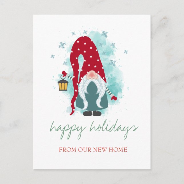 Holiday We Have Moved,Christmas Gnome,Snowflakes Announcement Postcard (Front)