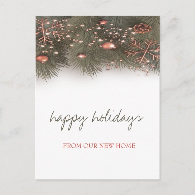 Holiday We Have Moved, Pine Tree Branches Balls Announcement Postcard (Front)