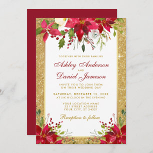 Holiday Wedding Gold Glitter Red Floral Poinsettia Invitation