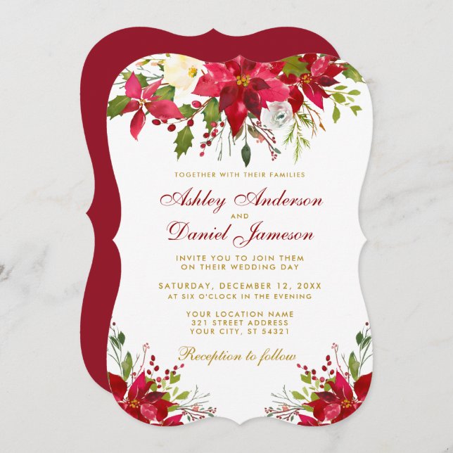 Holiday Wedding Poinsettia Floral Gold Red Invitation (Front/Back)
