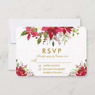 Holiday Wedding Poinsettia Floral Gold RSVP Card