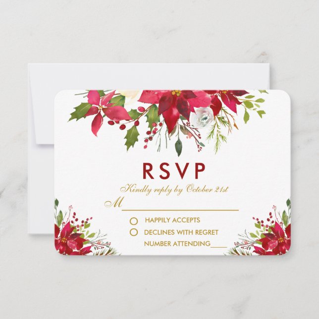Holiday Wedding Poinsettia Floral Red Gold RSVP (Front)