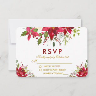 Holiday Wedding Poinsettia Floral Red Gold RSVP Card