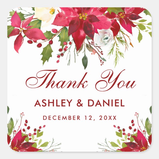 Holiday Wedding Poinsettia Floral Red Thank You Square Sticker (Front)
