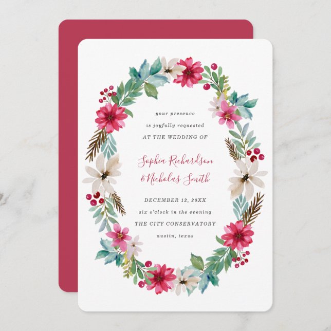 Holiday Wedding | Winter Watercolor Flowers Invitation (Front/Back)