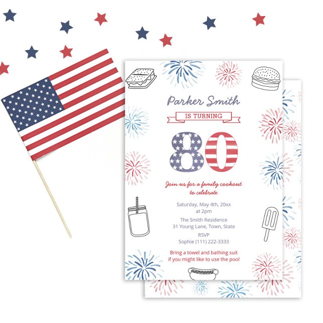 Holiday Weekend Red White Blue 80th Birthday Party Invitation (Fun casual red white and blue 80th birthday invitation perfect for a 4th July Birthday)