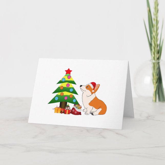 Holiday Welsh Corgi Cartoon with Tree Card (Front)