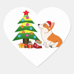 Holiday Welsh Corgi Cartoon with Tree Heart Sticker