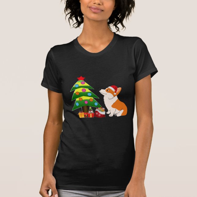 Holiday Welsh Corgi Cartoon with Tree T-Shirt (Front)