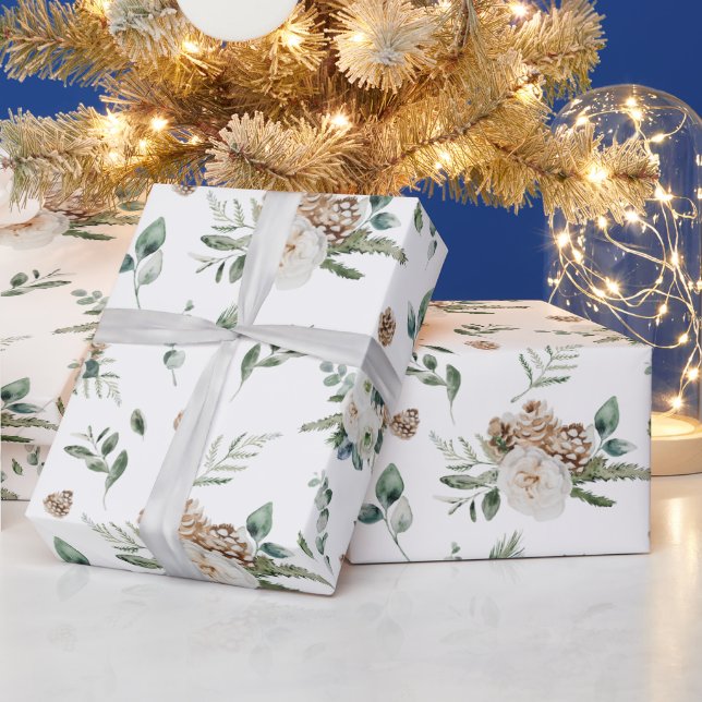 Holiday White Flowers Floral & Pine Cones Wrapping Paper (Holidays)