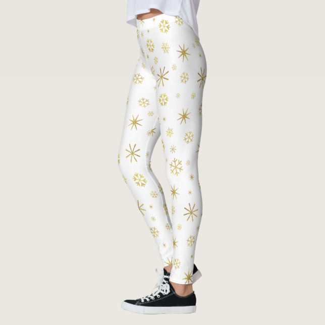 Holiday white gold snowflake pattern bold festive  leggings (Left)