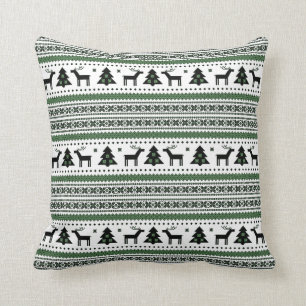 Holiday White Green Reindeer X'mas Tree Fair Isle Cushion