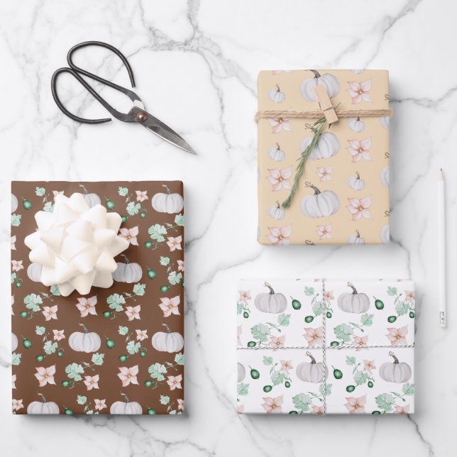 Holiday White Pumpkin Watercolor Art Pattern Wrapping Paper Sheet (Front)