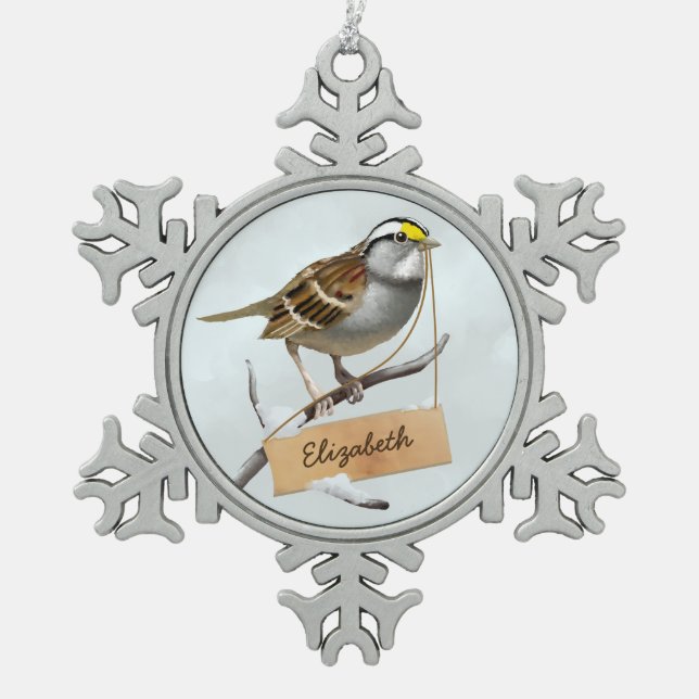 Holiday White throated sparrow Customise Name Snowflake Pewter Christmas Ornament (Front)
