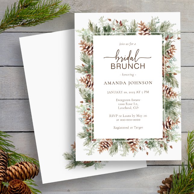 Holiday Winter Bridal Shower Invitation (Watercolor Pinecone Greenery Holiday Winter Bridal Brunch Shower Invitation by Painted Paperie
)