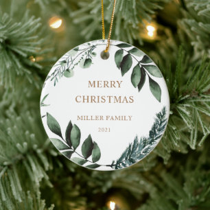 Holiday Winter Greenery Photo Merry Christmas Ceramic Ornament