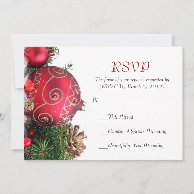 Holiday Winter Red Ornaments RSVP card (Front)