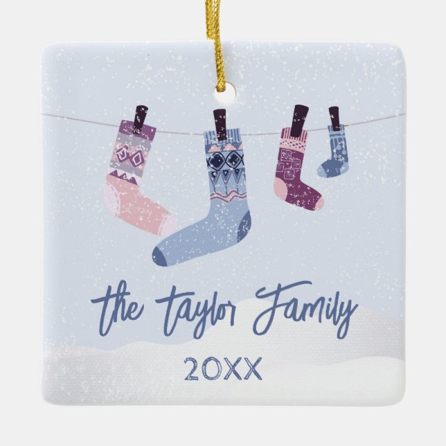 Holiday Winter Socks Christmas Party Invitation Ceramic Ornament (Front)