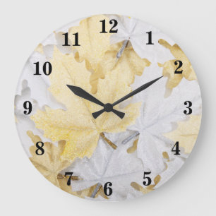 Holiday Winter White and Gold Glitter Maple Leaves Large Clock