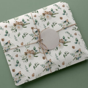 Holiday Winter White Floral Pinecone Christmas Wrapping Paper