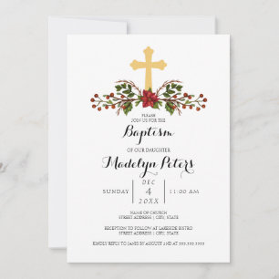 Holiday Winter Wreath Gold Cross Baptism Invitation