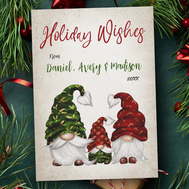 Holiday Wishes Rustic Watercolor Gnome Family Card (Available in high quality print or digital download for quick text messaging, email or self print.)