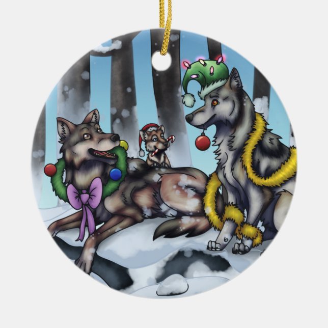 Holiday Wolves Ceramic Ornament (Front)