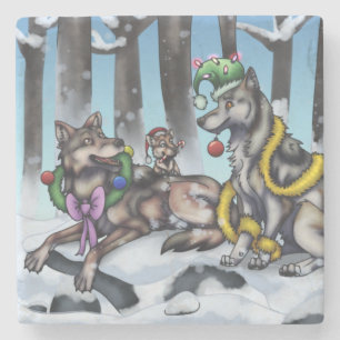 Holiday Wolves Stone Coaster